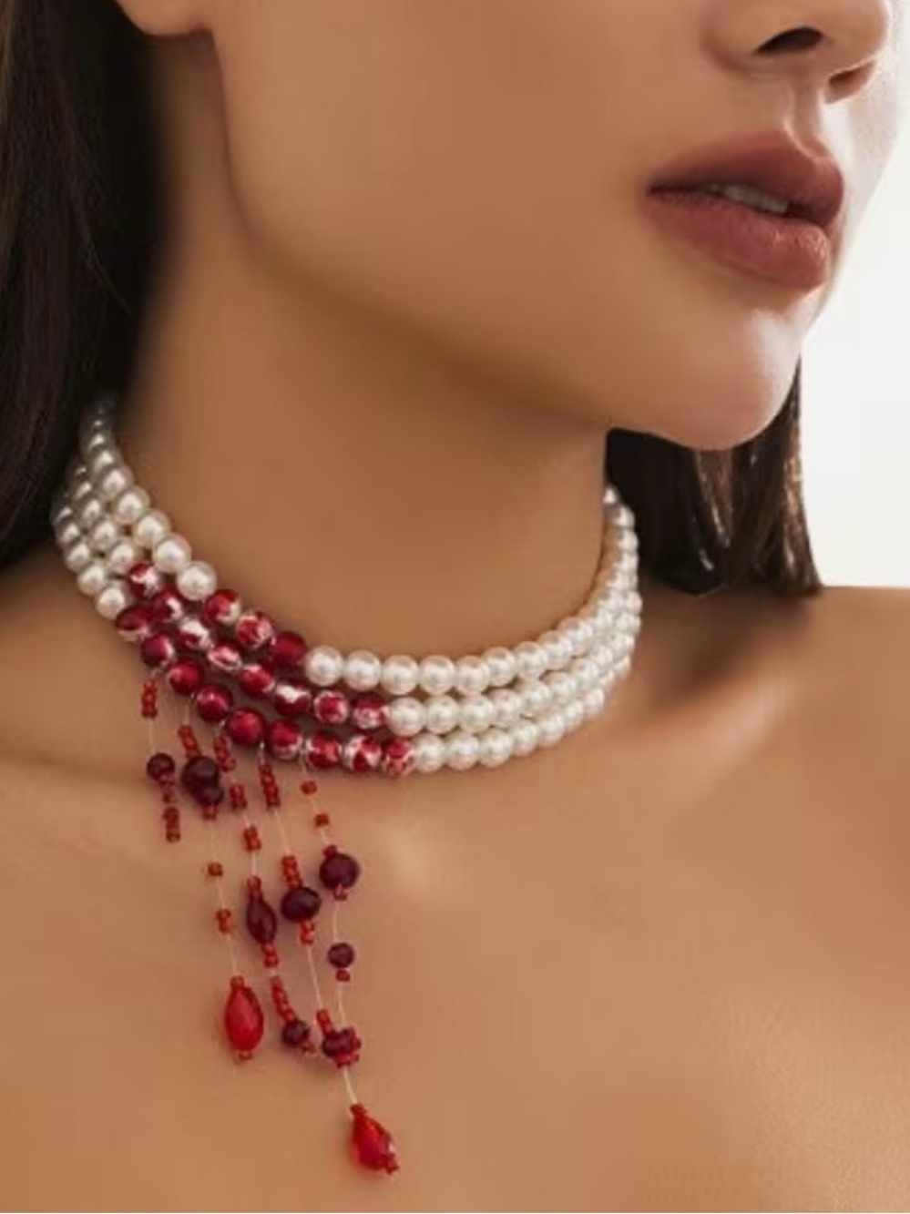 NWT White Faux Pearl Choker with Red Bead Tassels, Halloween Jewelry, Necklace